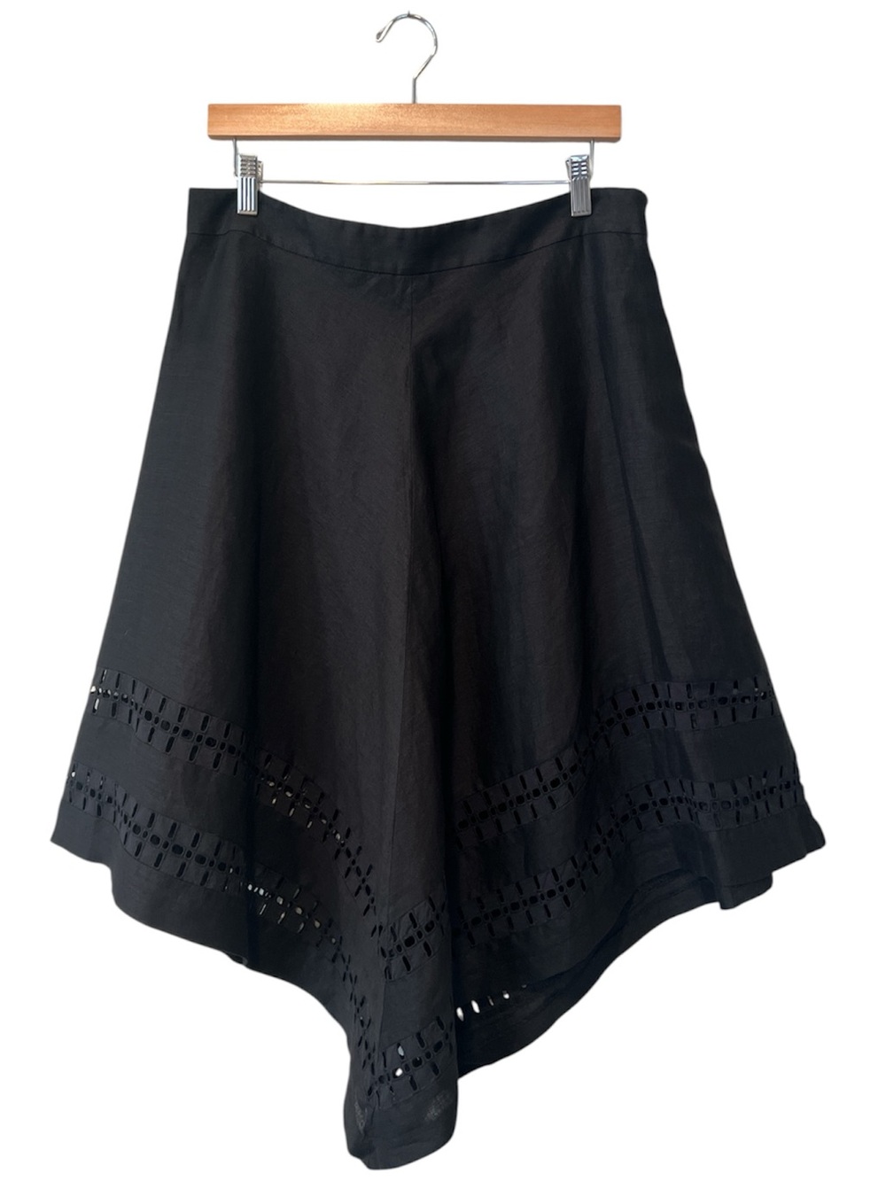 Banana Republic Linen Handkerchief Hem Midi Skirt Black Laser Cut Detail NWT 12
